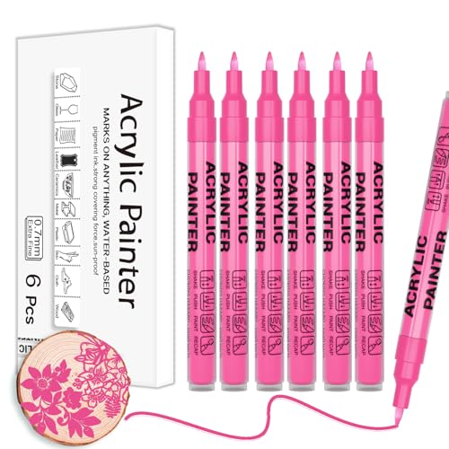 Pink Acrylic Paint Pens 6 Pcs Permanent Marker Pens Extra Fine - color: Pink
