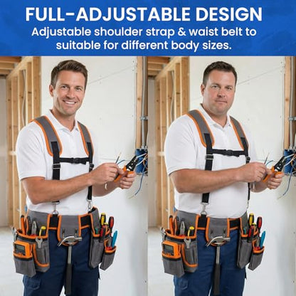 Tool Belt with Suspenders, 18-Pocket Combo Harness System with Magnetic Pouches, Heavy Duty Detachable Utility Bags Adjustable 32"-66" Waist for Electricians, Carpenters, Framers (Orange-Grey) - color: Orange-grey