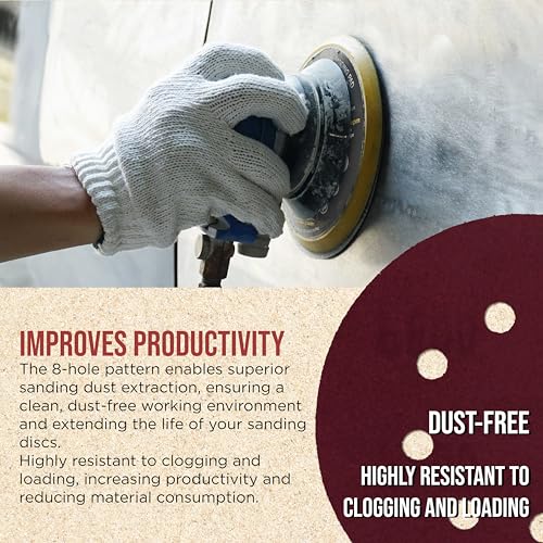 ProductionShop Premium 5" Red 8-Hole Pattern 800 Grit Sanding Discs, Box of 50 - Dustless Hook & Loop Backing Sandpaper for Random Orbital Sanders, Fine-Cut Abrasive - Woodworking, Auto Paint - style: 800 Grit