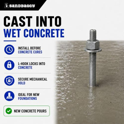 Sandbaggy 5/8" x 12" Threaded Concrete Anchor L-Bolts (Nuts & Washers Included) - Hot Dipped Galvanized - Sill Plate, Base Plate, Masonry, Wood, Cement Anchors, J Bolt (10, 5/8” x 12”) - size: 5/8” x 12”