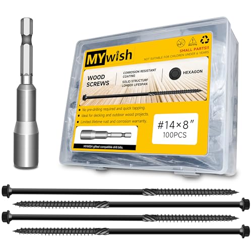 100Pcs 8 Inch Wood Screws, #14 x 8 Heavy Duty Outdoor Wood Screws Assortment Kit Deck Screws, Black Timber Screws Lag Bolts, Hex Socket Included Hex Head Log Landscaping Black Long Screws By Mywish - size: #14 x 8"
