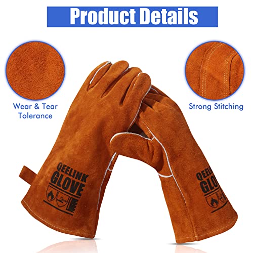 QeeLink Welding Gloves for Men - Fireproof Leather and Stitching - color: Brown (14-inch)