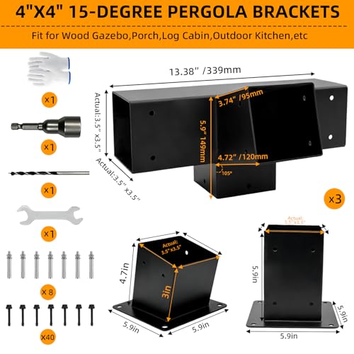 3Pcs 30° Lean Pergola Kit 4x4,4-Way Slanted Pergola Roof Bracket,Post Base-Angled 4x4 Wood Post Bracket DIY Gazebo Brackets-Hardware Kit for Outdoor Wood Beam Post Sunroom Carport Cabin.