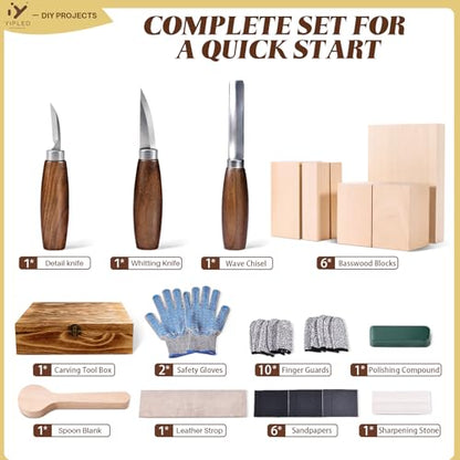 YIPLED Beginners Wood Carving Kit, Whittling Tools, Basswood & Gloves