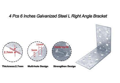 4 Pcs 6'' Galvanized L Brackets, Heavy Duty Corner Brace for Wood