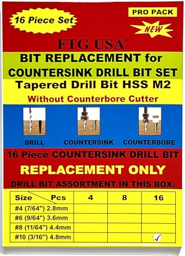 FTG USA 16 Pc #10(3/16") Replacement Taper Countersink Drill Bit Hex Shank - size: #10, style: 16 Piece Same Size