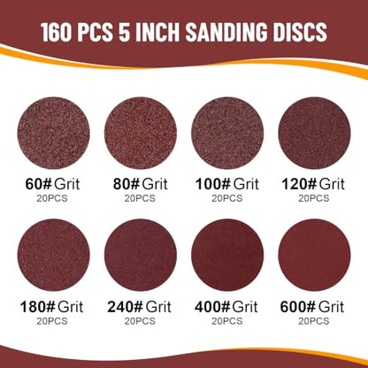 160 PCS 5 Inch Sanding Discs, 60 80 100 120 180 220 400 600 Grit