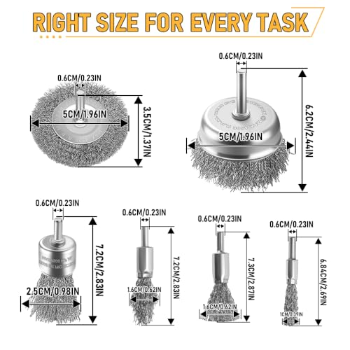 10Pcs Wire Brush Drill Set, 0.1mm Carbon Steel Bristles, 1/4 Inch Round Shank, Heavy Duty Cup/Wheel/Pen Brush for Rust Removal, Paint Stripping, Deburring