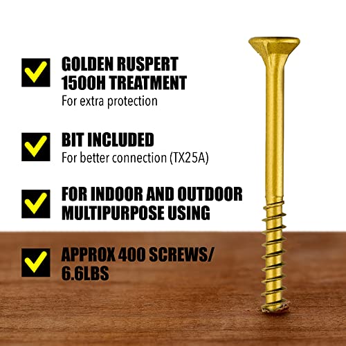 #10 x 3 Wood Screws by Grindy (400pack/6.6LBS) – DIY Deck Screws for Cabinet, Furniture & Other Projects – 1500H Golden Ruspert Treatment – for Indoor & Outdoor Use - size: #10 x 3"