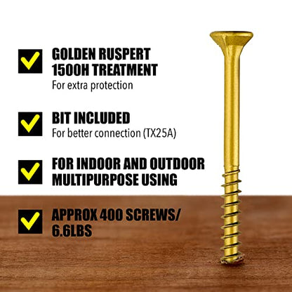 #10 x 3 Wood Screws by Grindy (400pack/6.6LBS) – DIY Deck Screws for Cabinet, Furniture & Other Projects – 1500H Golden Ruspert Treatment – for Indoor & Outdoor Use - size: #10 x 3"