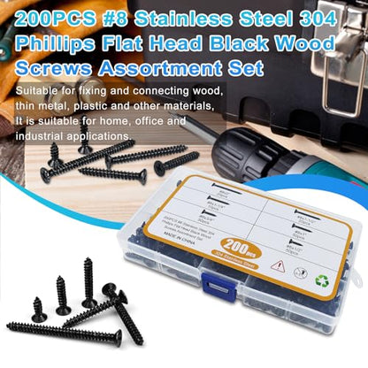 200PCS #8 Black Wood Screws Assortment Kit, 304 Stainless Steel Screws, Drive Sheet Metal Self Tapping Screws with Screwdriver Bit, 6 Sizes (2”,1-1/2”,1-1/4”,1”,3/4”,1/2”) - style: Black #8 Flat Head Set 200PCS