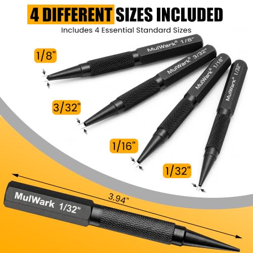 MulWark 4-Piece Nail Set and Center Punch Set, 1/32" to 1/8" Hardened Cr-V Steel Nail Setter Kit with Anti-Slip Knurled Grip, Precision Woodworking & Carpentry Tool Punch Set - size: 5 inch center punch(Pack of 4), style: 5 inch center punch(Pack of 4)