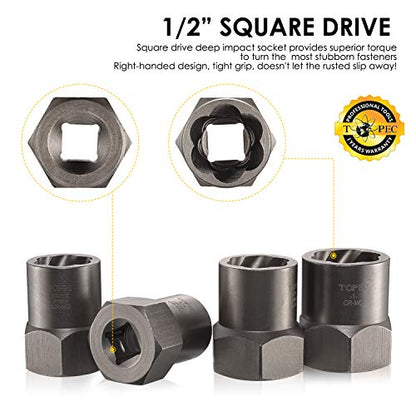 Topec 5-Piece Heavy Duty Bolt Remover Set, 1/2" Drive Impact Extractor Set, Perfect Tool Kit for Removing Stripped, Damaged, Rounded off and Rusted Bolts & Nuts, and Shorter Profile Lug Nuts - size: 5-piece