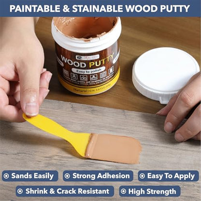 Bates- Wood Filler Putty Repair Kit, 9.87 Ounce, 2 Scrapers, 2 Sandpapers, Natural Wood Putty Filler Paintable & Stainable for Cracks, Holes and Defects in Wooden Furniture - color: Natural