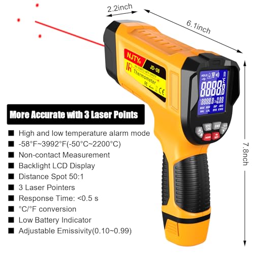 NJTY JD-08 High Temp Infrared Thermometer Gun, -58°F to 3992°F