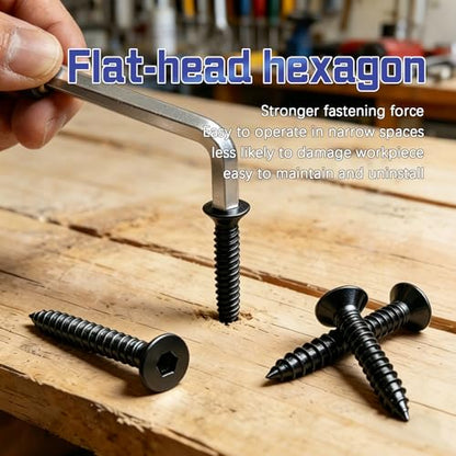 #4#8#10 Wood Screws Assortment Kit 175 Pcs, Flat Head Hex Socket Assorted Screws Set, High Strength Black Zinc Plated Steel, Countersunk Self Tapping Screws for Wood (1-1/2", 1", 3/4", 1/2") - size: #4 #8 #10 Kit (175pcs)