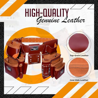 Rising Star Wears Genuine Leather Tool Belt Pouch, 22-Pocket Maroon Tool Bag - color: Maroon