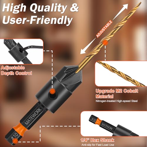 Matework Countersink Drill Bit Set 11PCS, M2 Cobalt HSS Wood Drill Bits - size: M2 Cobalt HSS