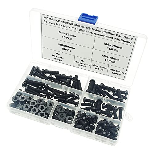 180PCS M6 Black Nylon Phillips Pan Head Screws Nuts Washers Kit - size: M6