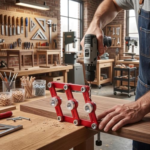 Self Centering Dowel Jig Drill Guide for Woodworking Adjustable Hole Locator 8 Stainless Steel Bushings Aluminum Alloy Biscuit Joiner Tool for Craft Professional Projects