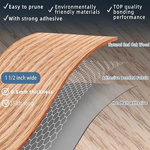Red Oak Edge Banding, 1 1/2 inch x 250ft Plywood Veneer Wood Edge Banding, Preglued Wood Tape Banding for Cabinet Repair - color: Red Oak, size: 1 1/2"x 250ft