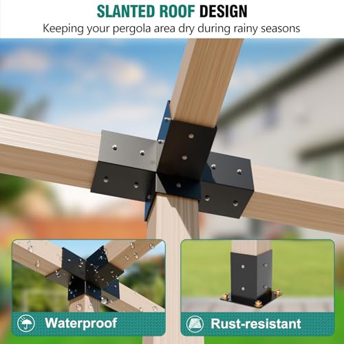 Slanted Pergola Brackets, 4PC Woodworks Pergola Kit 15° & 75° 4-Way Bracket with Post Base for 4x4'' (Actual: 3.5x3.5'') Wood Beams Elevated Wood Stand Kit - size: 1P 15° 4-Way + 1P 75° 4-Way Bracket + 2P Base