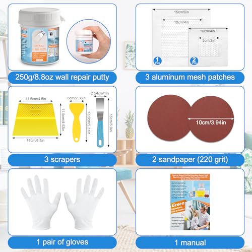 Drywall Repair Kit, Drywall Patch Repair Kit with 8.8OZ White Wall Repair Putty, Scraper Sandpapers Gloves for Heavy Duty Plaster Wall Repair, Easy to Fill Holes in Home Wall & Quick Repair Crack - color: 8.8OZ White Wall Repair Putty Patch Kit