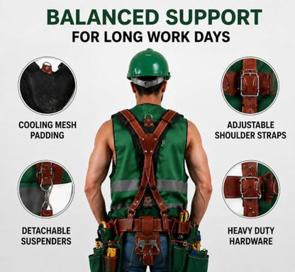 Carpenter Tool Belt with 21 Pocket Tool Pouches - color: Maroon, Green
