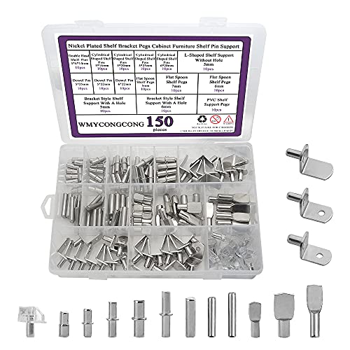 WMYCONGCONG 150 PCS Shelf Bracket Pegs Kit, 7 Styles Shelf Pins Shelf Support Pegs Cabinet Shelf Holders Pegs for Shelves Book Shelf Closet Metal Nickel Plated