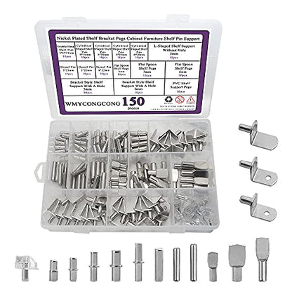 WMYCONGCONG 150 PCS Shelf Bracket Pegs Kit, 7 Styles Shelf Pins Shelf Support Pegs Cabinet Shelf Holders Pegs for Shelves Book Shelf Closet Metal Nickel Plated