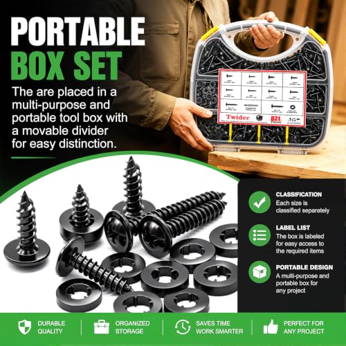 Twidec/821PCS Wood Screws 410 Stainless Steel Assortment Kit,#8#10 Phillips Truss Head Wood Screws,High Hardness Black Self Tapping Screws 1/2”,5/8”,3/4”,1”,1-1/4” for Indoor Furniture,Woodworking - size: 821PCS