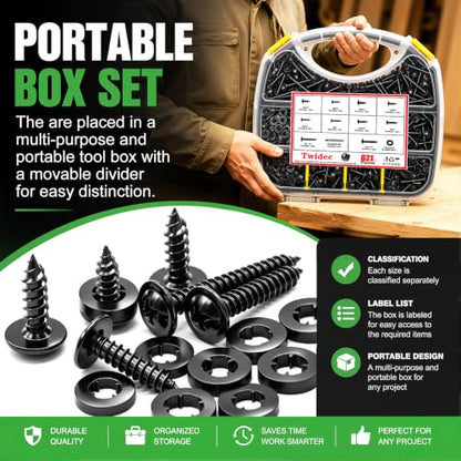 Twidec/821PCS Wood Screws 410 Stainless Steel Assortment Kit,#8#10 Phillips Truss Head Wood Screws,High Hardness Black Self Tapping Screws 1/2”,5/8”,3/4”,1”,1-1/4” for Indoor Furniture,Woodworking - size: 821PCS
