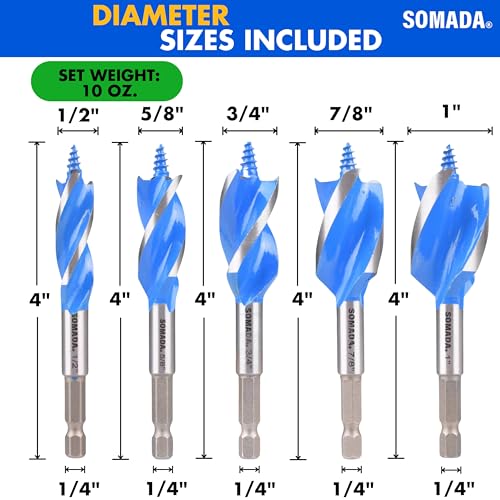SOMADA Auger Drill Bit Set for Wood, 5-Piece, Hex Shank Quick Change - size: 5 PCS SET