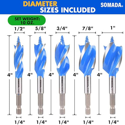 SOMADA Auger Drill Bit Set for Wood, 5-Piece, Hex Shank Quick Change - size: 5 PCS SET
