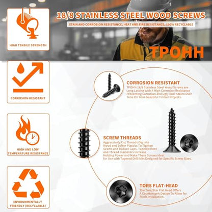 100 PCS #6 x 3/4" Flat Head Torx/Star Wood Screws, 18-8 (A2) Stainless Steel, Full Threaded & Black Coated for Durability, T15 Drive Bit Included, No.6 X 3/4" Multipurpose Screw by TPOHH - size: #6 X 3/4 inch