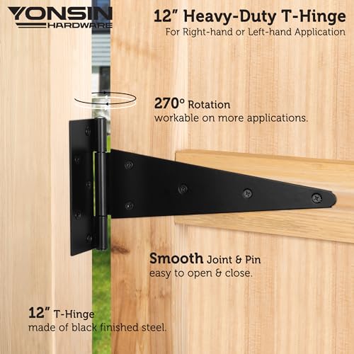 Heavy Duty T-Strap Shed Door Hinges, 12", Black, 2mm Thick - size: 12 Inch