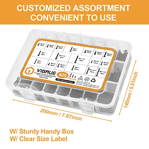 VIGRUE 425PCS #6#8 Black Wood Screw Set, Black Oxide 304 Stainless Steel Phillips Pan and Flat Head Self Tapping Screws Assortment Kit, Length 1/2" to 1-1/2" - size: 425PCS #6#8 Black Wood Screws