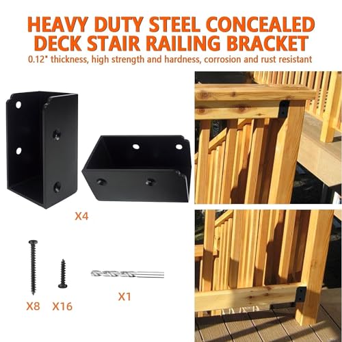 4Pcs Deck Railing Brackets Connectors,Heavy Duty Steel 1.2 inch Thickness Concealed Brackets for 2"x4" (Actual 1.5"x3.5") Wood Posts for Deck Railing、Fence、Porch、Garden Pergola - size: Parallel