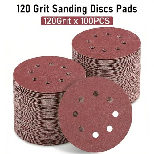 100Pcs 5 Inch Sanding Discs 120 Grit, FOKATY Medium Hook and Loop Sandpaper for Primer Sanding & Wood Finishing, 8-Hole Dustless for Random Orbital Sander - style: 120G-100pcs