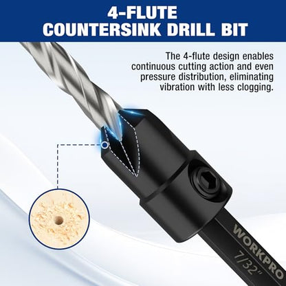 WORKPRO 5PCS Countersink Drill Bit Set, Adjustable 4-Flute Bits