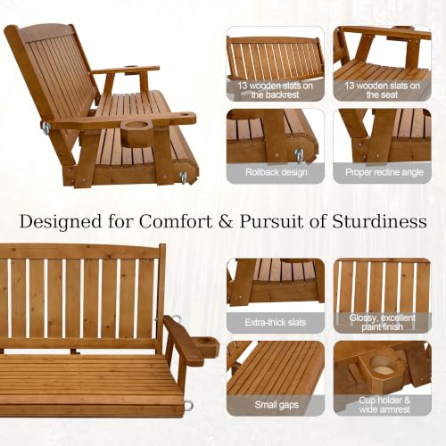 Wooden Porch Swing 3-Seater, Bench Swing with Cupholders (Brown, 5 FT Extra Large)