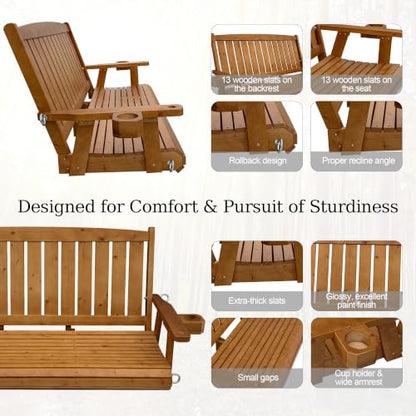Wooden Porch Swing 3-Seater, Bench Swing with Cupholders (Brown, 5 FT Extra Large)