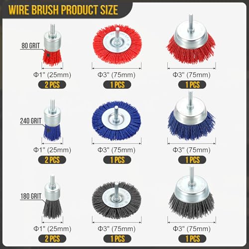 DTGN 12 Pcs Wire Wheel Cup Brush Set for Drill, 1/4 Inch Round Shank - size: 1/3 inch（80/180/240 Grit）