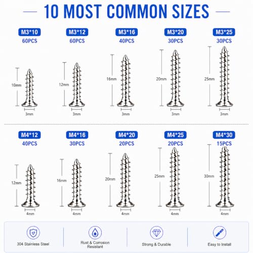 Self Tapping Screws 345Pcs Flat Head Phillips Wood Self Drilling Screws