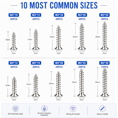 Self Tapping Screws 345Pcs Flat Head Phillips Wood Self Drilling Screws