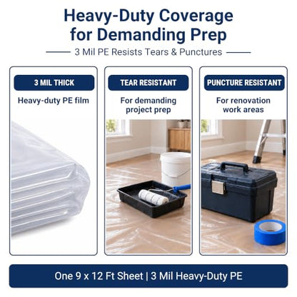 VICMORE Heavy-Duty Clear Plastic Drop Cloth, 9 x 12 Ft, 3 Mil, 1 Pack - size: 9 x 12 Ft, 3 Mil, 1 Pack