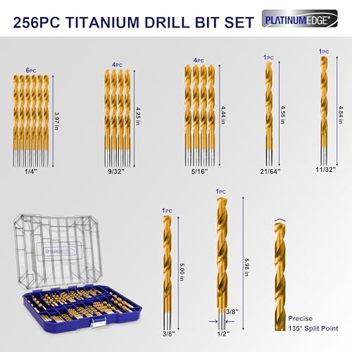 276pc Titanium Twist Drill Bit Set with S2 Bits 135° Tip High Speed Steel, Size from 1/16" up to 1/2", Ideal in Wood Cast Iron Aluminum Alloy Plastic Fiberglass, Clear Lid Case - size: SAE 276 Pieces Drill Bit Set 135°