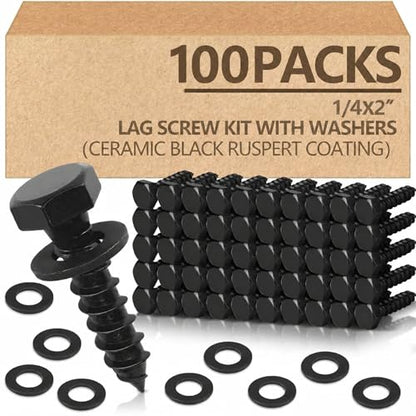 Tandefio 100 Pack 1/4''X 2'' Lag Bolts Screw with Washer Galvanized, Black - size: 1/4''x 2''