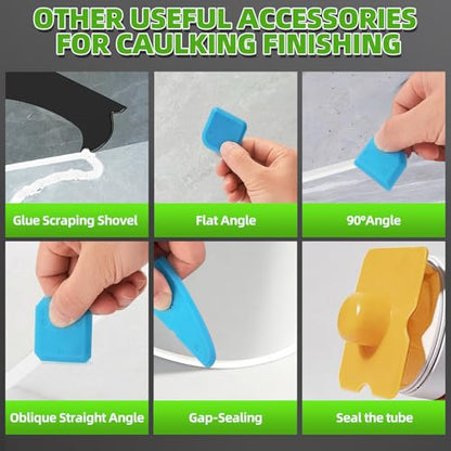 5 in 1 Silicone Caulking Tool Kit, Caulk Remover Tool with Stainless Steel Head,Caulk Finishing Tool with Different Angles,Grout Removal Tool for Kitchen Sink Washroom Bathroom Toilet Caulking (White) - color: White