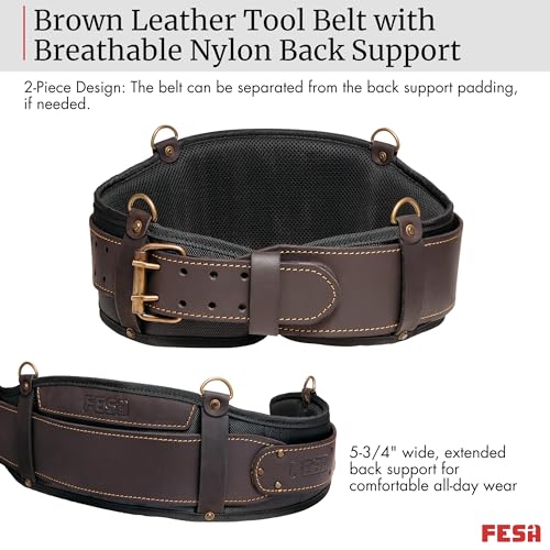 FESA Padded Leather Tool Belt with Back Support Have D-rings for Suspenders - color: Brown